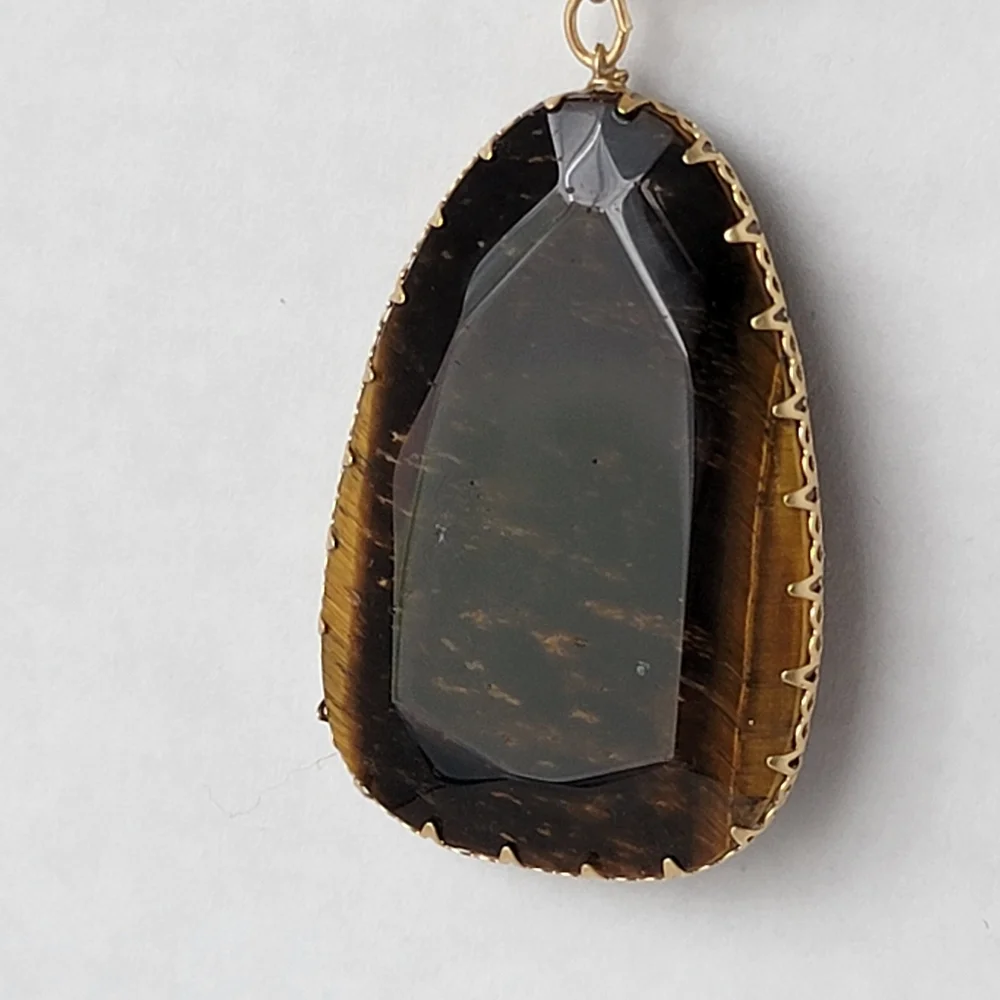 Tigers Eye Pendant Necklace Layered Chain Genuine Stone